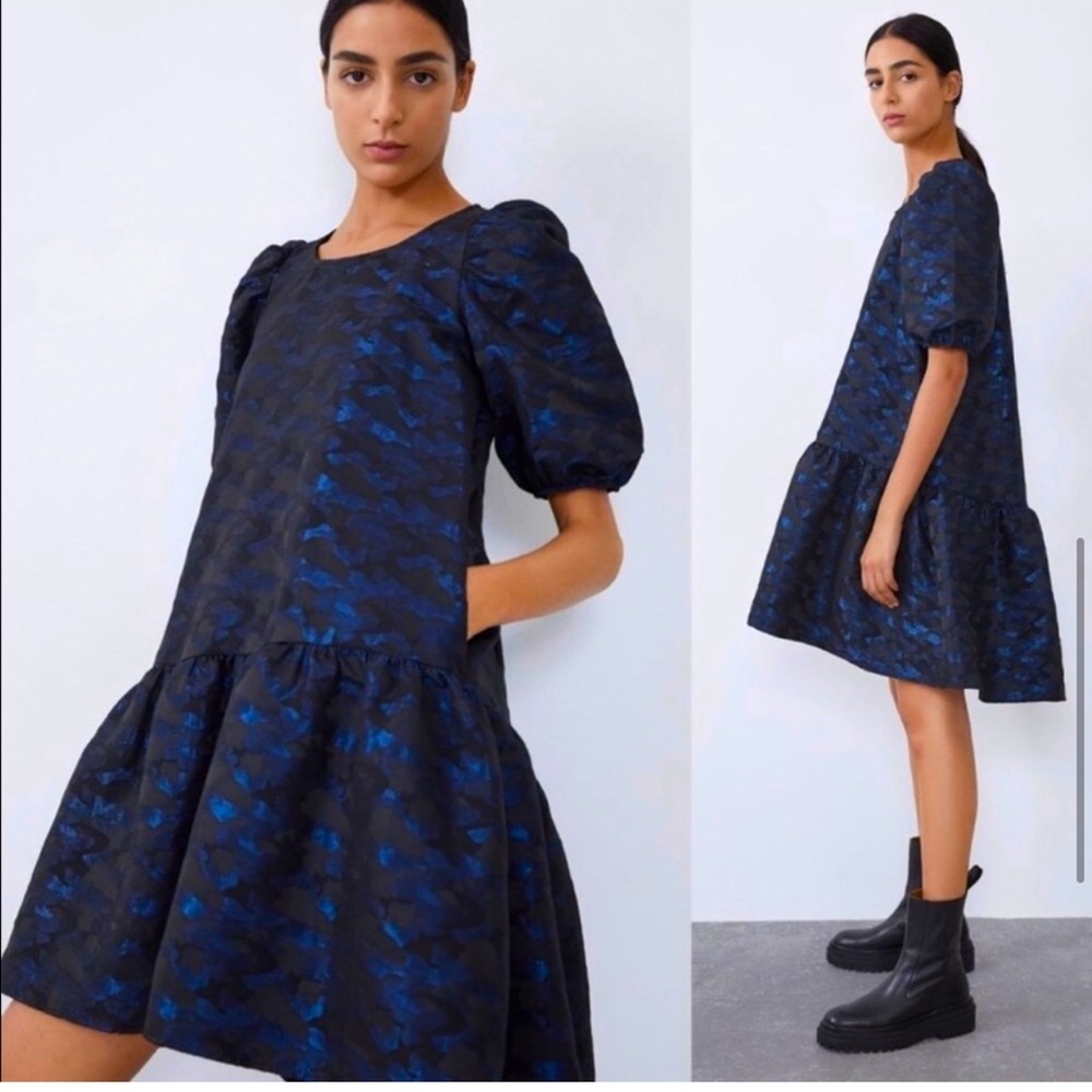 Zara Womens Blue Black Balloon Short Sleeve Camo Midi Tiered Dress Sz xs​​
